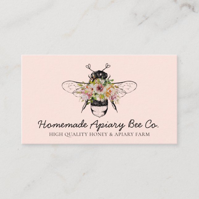Blus Pink Cute Hearts Floral Apiary Honey Bee Business Card (Front)