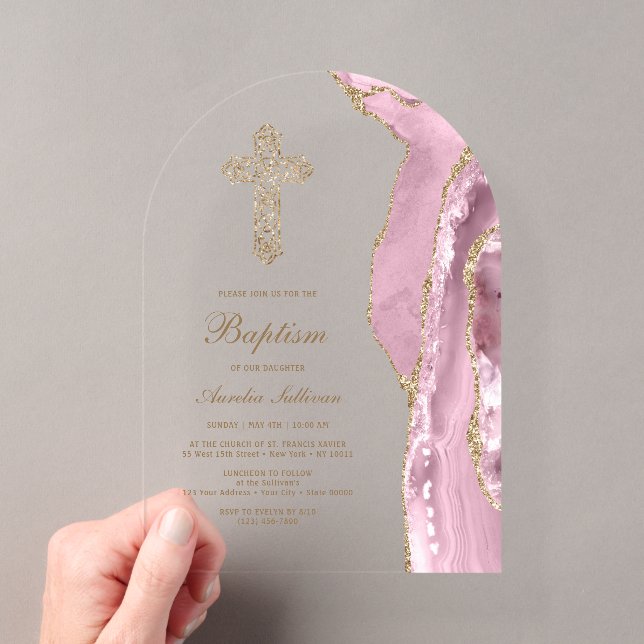 Blush Agate Baptism Acrylic Invitations (Insitu (Handheld))