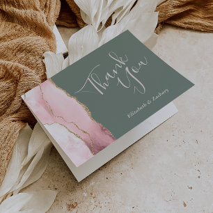 Blush Agate Gold Deep Sage Green Wedding Thank You Card