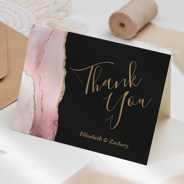Blush Agate Gold Glitter Dark Wedding Thank You Card (Creator Uploaded)