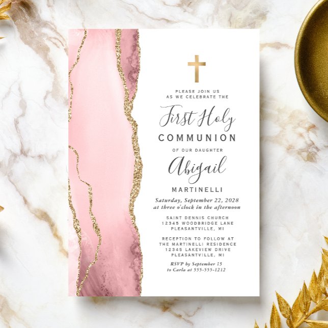  Blush Agate Gold Glitter First Holy Communion Invitation (Creator Uploaded)