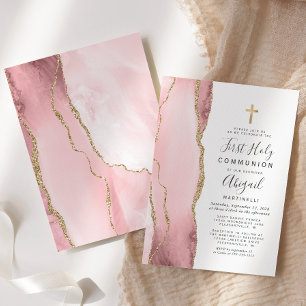  Blush Agate Gold Glitter First Holy Communion Invitation