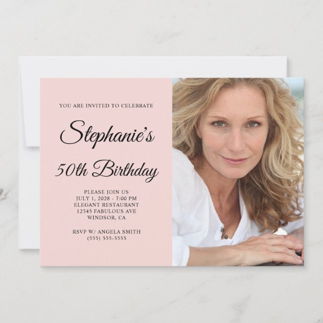 Blush and Black Elegant Script 50th Birthday Photo Invitation (Front)