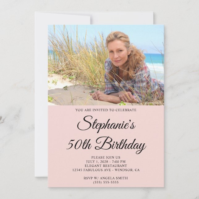 Blush and Black Elegant Script 50th Birthday Photo Invitation (Front)