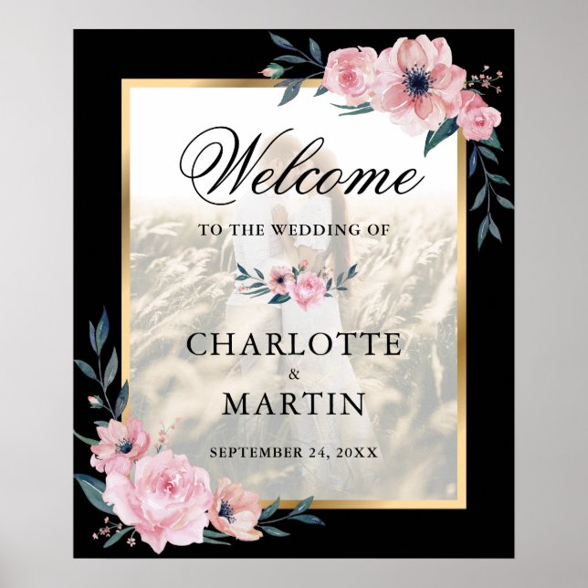 Blush and Black Floral Photo Wedding Welcome Sign (Front)
