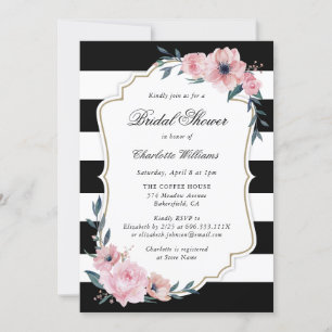Blush and Black Stripes Floral Bridal Shower Invitation