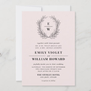 Blush and Black Wreath Monogram Wedding Invitation