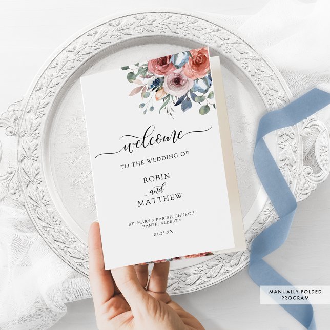 Blush and Blue Floral Folded Wedding Program (Creator Uploaded)