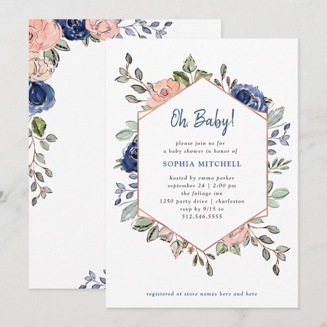 Blush and Blue Floral Geometric | Oh Baby Shower Invitation (Front/Back)