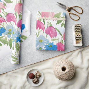 Blush And Blue Spring Watercolor Flowers Wrapping Paper