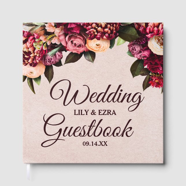 Blush and Burgundy Floral Hardcover Guest Book (Front)