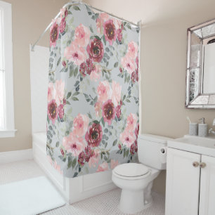 Blush and Burgundy Flowers on Grey Shower Curtain