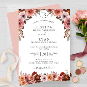 Blush and Burgundy, Monogram Floral Wedding Invitation