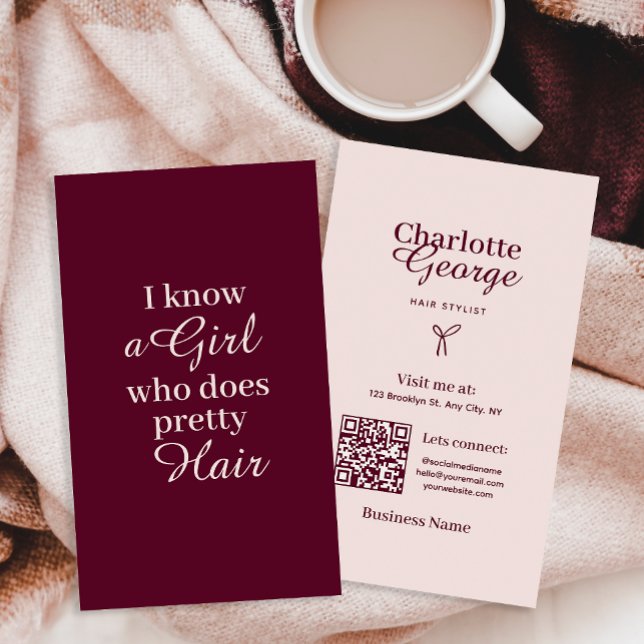 Blush and Burgundy Script Hair Stylist  Business Card (Creator Uploaded)