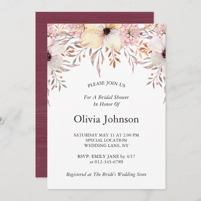Blush and Burgundy Watercolor Floral Bridal Shower Invitation (Front/Back)