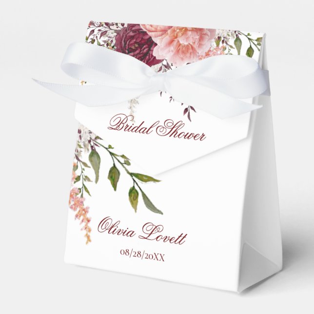 Blush and Burgundy Watercolor Peony Bridal Shower Favour Box (Front Side)
