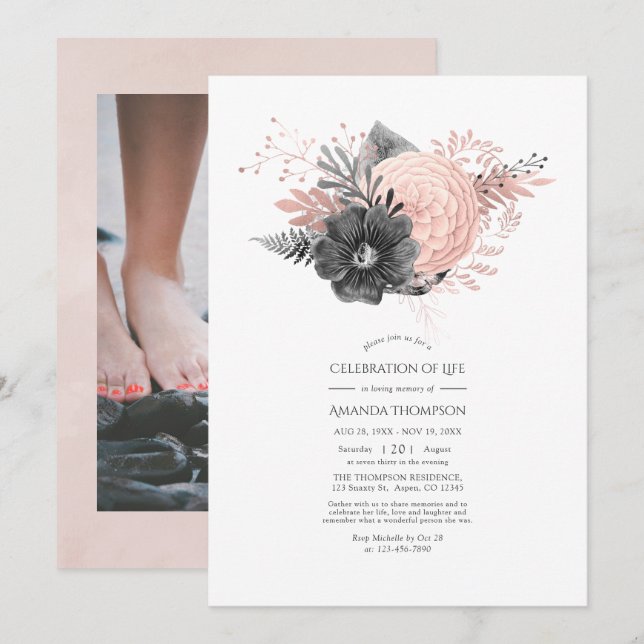 Blush and Charcoal Floral Celebration of Life Invitation (Front/Back)