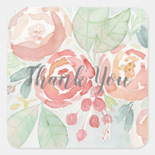 Blush and Coral Watercolor Flower Thank You Square Sticker