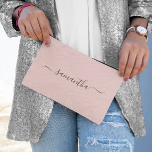 Blush and Dark Brown Elegant Swash Signature Name Accessory Pouch