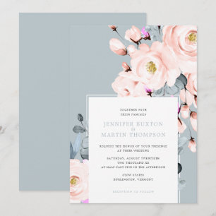 Blush and Dusty Blue Watercolor Floral Wedding Invitation