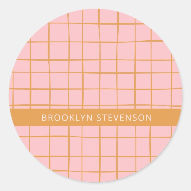 Blush and Gold Abstract Grid Lines Personalised  Classic Round Sticker (Front)