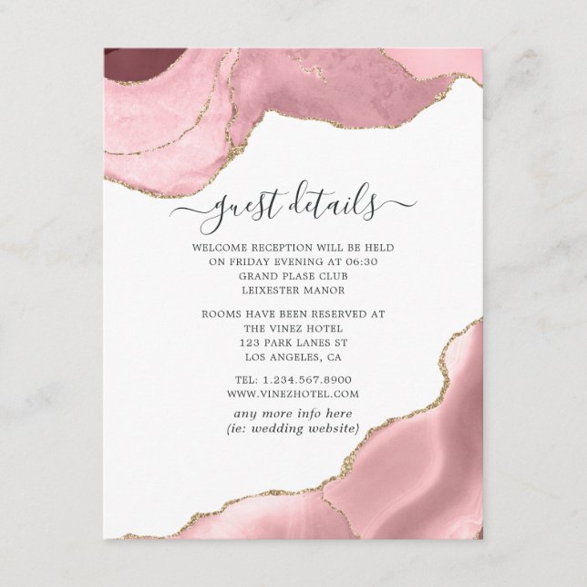 Blush and Gold Agate Wedding Guest Details Enclosure Card (Front)
