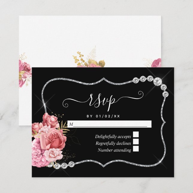 Blush and Gold and Silver Floral Diamond Wedding RSVP Card (Front/Back)