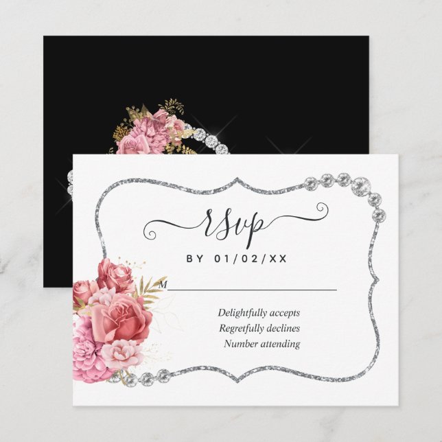 Blush and Gold and Silver Floral Diamond Wedding RSVP Card (Front/Back)