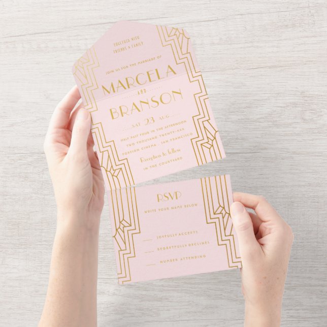 Blush and Gold Art Deco Wedding All In One Invitation (Tearaway)