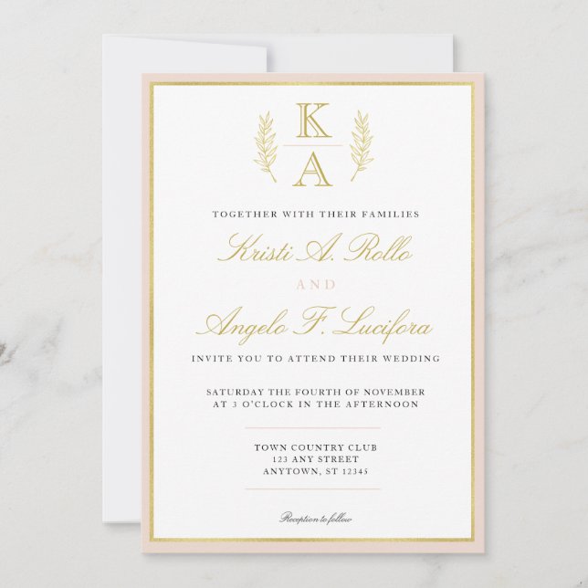Blush and Gold Border Monogram Wedding Invitation (Front)