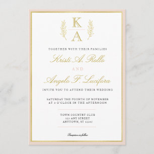 Blush and Gold Border Monogram Wedding Invitation