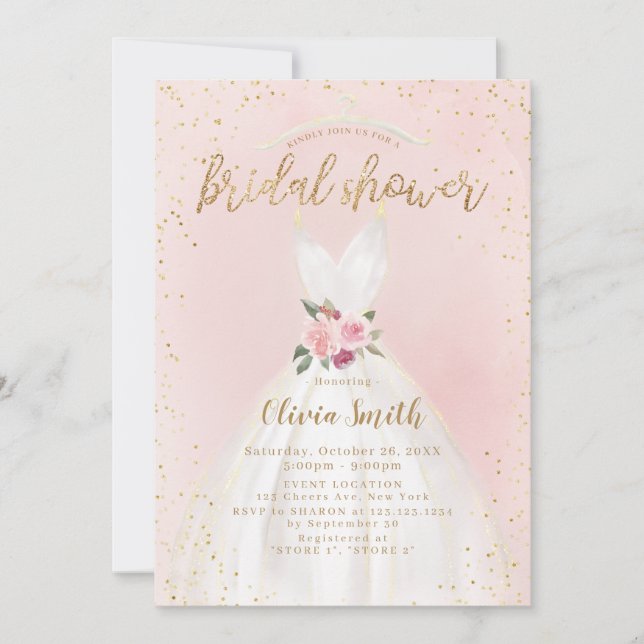 Blush And Gold Elegant Wedding Dress Bridal Shower Invitation (Front)