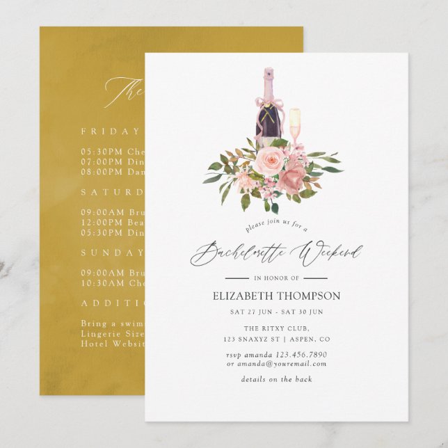 Blush and Gold Floral Bachelorette Weekend Invitation (Front/Back)