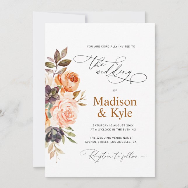 blush and gold floral fall wedding invitation (Front)