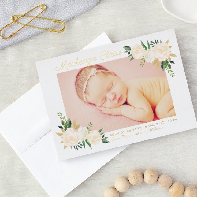 Blush and Gold Floral Photo Birth Announcement (Creator Uploaded)