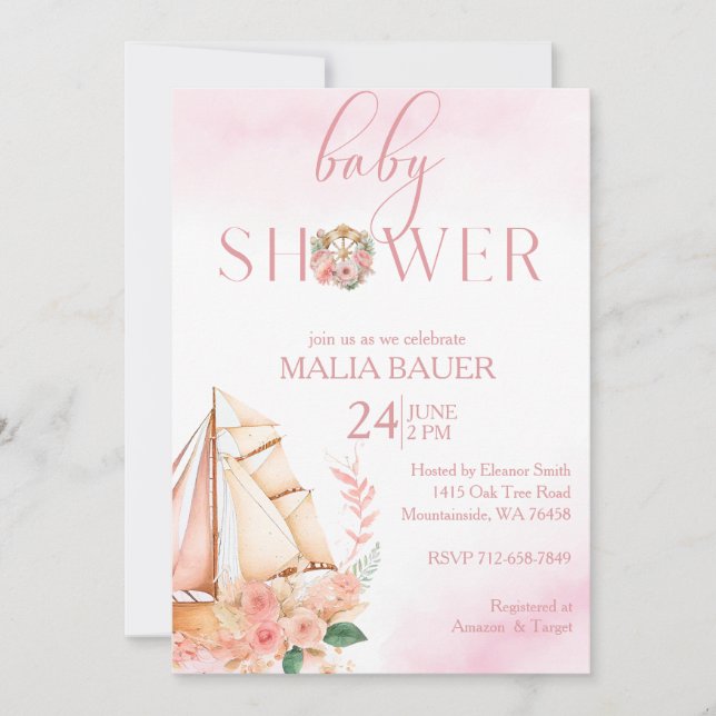 Blush and gold floral pink sailboat baby shower  invitation (Front)