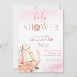 Blush and gold floral pink sailboat baby shower  invitation