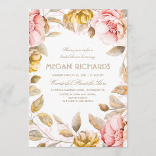 Blush and Gold Floral Watercolor Bridal Shower Invitation