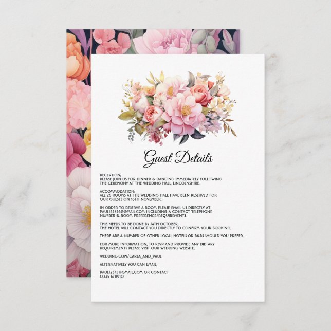 Blush and Gold Floral Wedding Guest Details Enclosure Card (Front/Back)