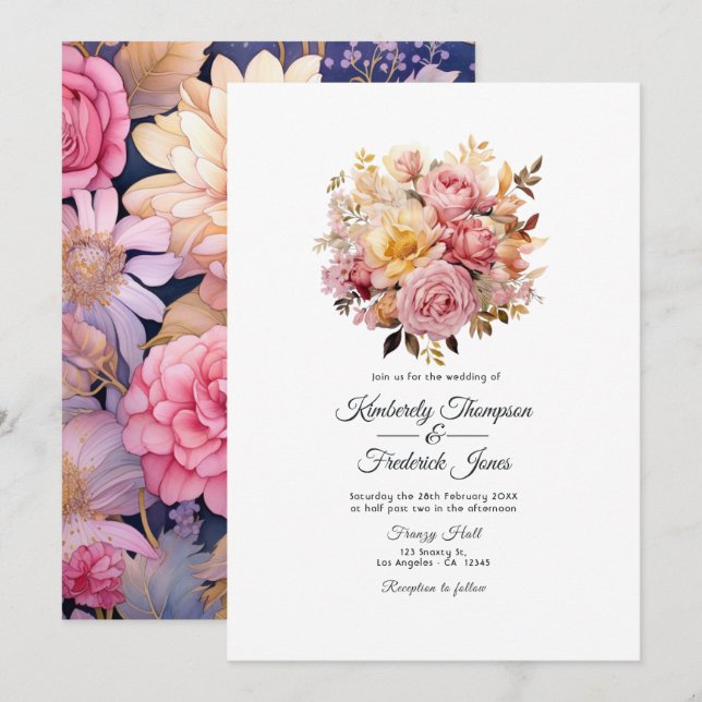 Blush and Gold Floral Wedding Invitation (Front/Back)