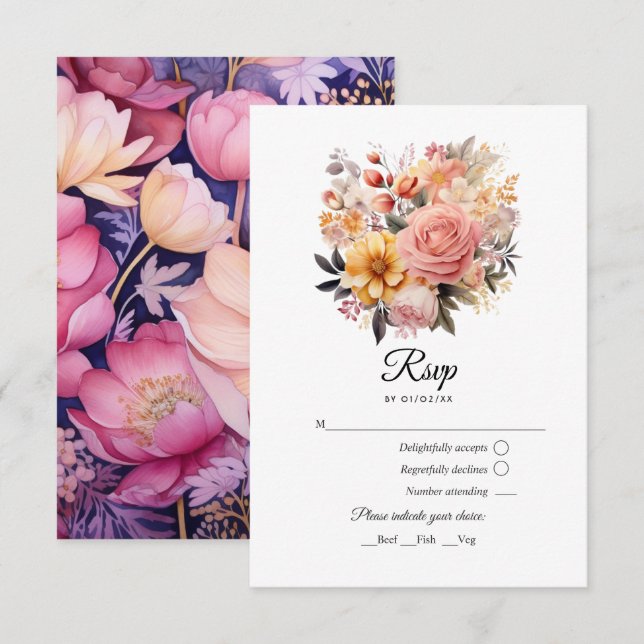 Blush and Gold Floral Wedding RSVP Card (Front/Back)