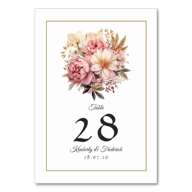 Blush and Gold Floral Wedding Table Number (Front)