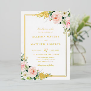 blush and gold frame wedding foil invitation
