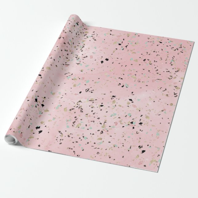 Blush and gold marble terrazzo design wrapping paper (Unrolled)