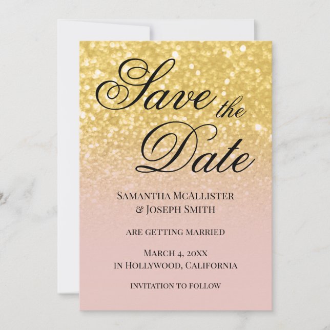 Blush and Gold Ombre Glitter Save the Date Invitation (Front)
