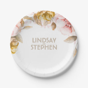 Blush and Gold Watercolor Floral Bouquet Wedding Paper Plate
