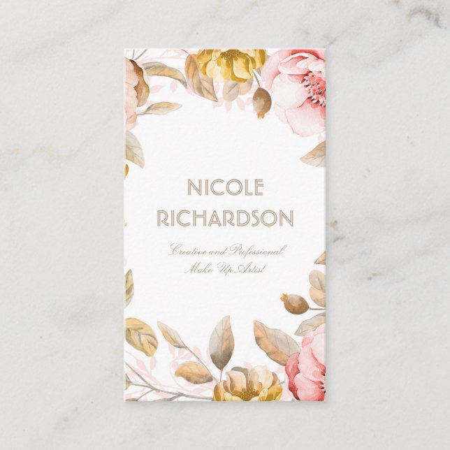 Blush and Gold Watercolor Flowers Bouquet Elegant Business Card (Front)