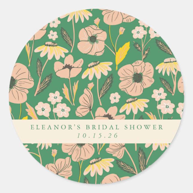 Blush and Green Boho Floral Custom Bridal Shower  Classic Round Sticker (Front)