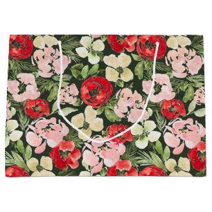Blush and green Christmas Watercolor Flowers Dark Large Gift Bag