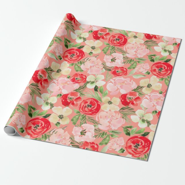 Blush and green Christmas Watercolor Flowers Pink Wrapping Paper (Unrolled)